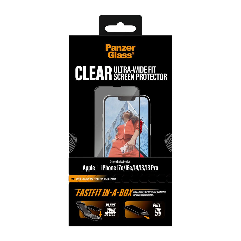 iPhone 17e / 16e / 14 / 13 / 13 Pro PanzerGlass Skärmskyddsglas m. FastFit In-A-Box - Ultra Wide Fit - Genomskinlig