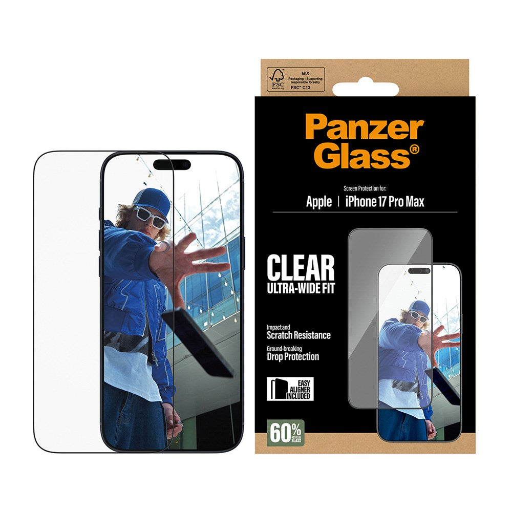 PanzerGlass iPhone 17 Pro Max Skärmskyddsglas med EasyAligner - Ultra Wide Fit - Genomskinlig