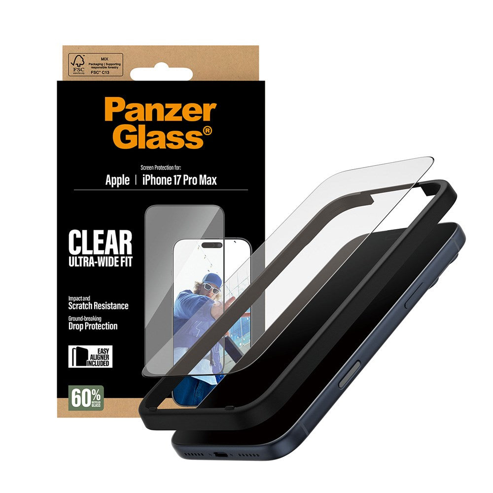 PanzerGlass iPhone 17 Pro Max Skärmskyddsglas med EasyAligner - Ultra Wide Fit - Genomskinlig