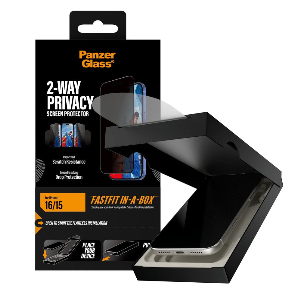 iPhone 16 / 15 PanzerGlass 2-Way Privacy Skärmskydd med FastFit In-A-Box - Genomskinlig