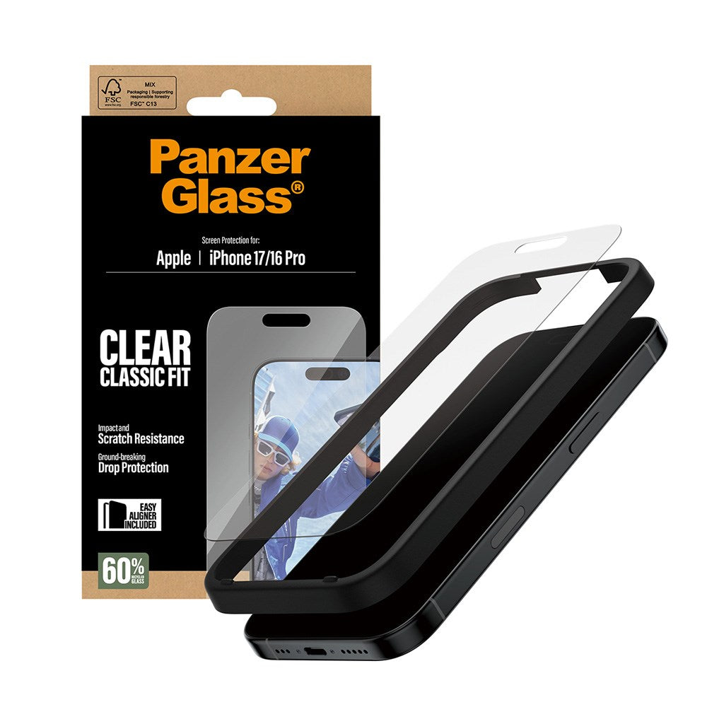 PanzerGlass iPhone 17 / 16 Pro Skärmskyddsglas med EasyAligner - Classic Fit - Genomskinlig