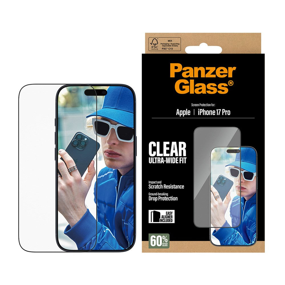 PanzerGlass iPhone 17 Pro Skärmskyddsglas med EasyAligner - Ultra Wide Fit - Genomskinlig