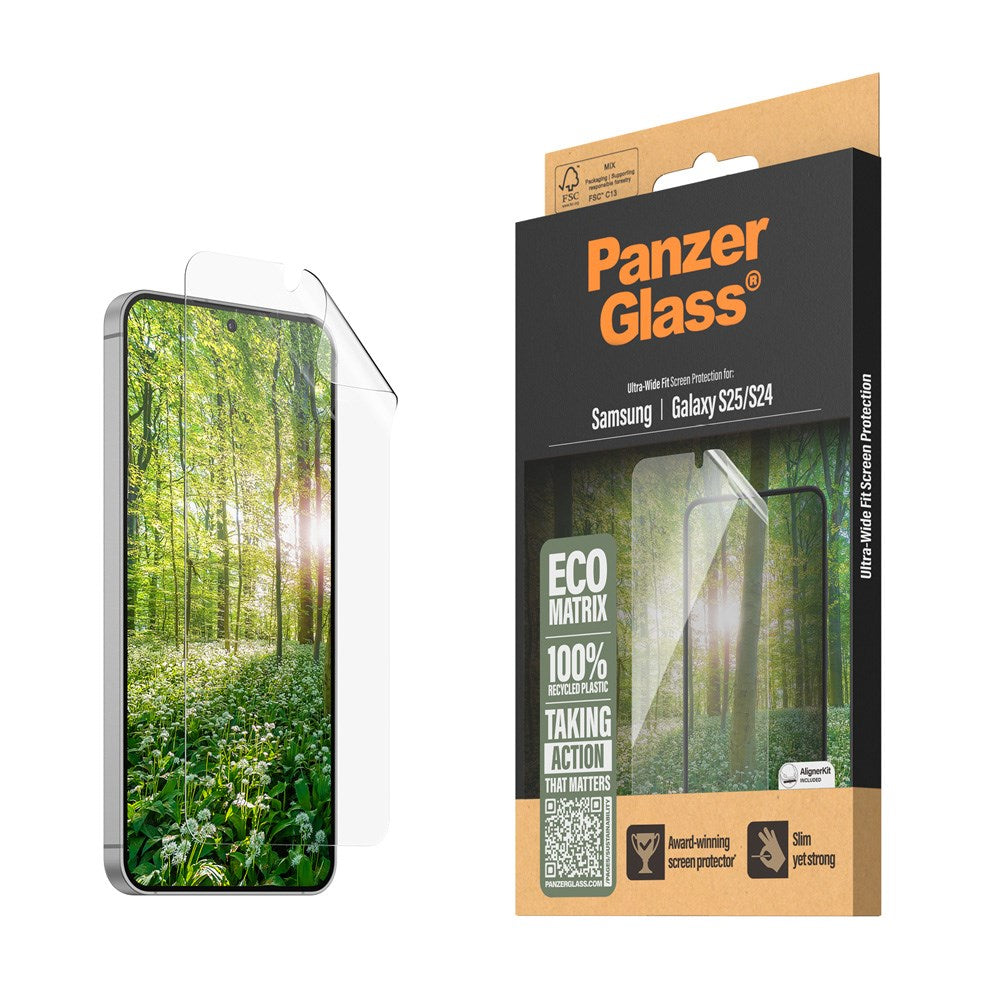 Samsung Galaxy S25 PanzerGlass Eco Matrix Skärmskydd Ultra Wide Fit - Aligner Kit - Platinum Strength - Genomskinlig