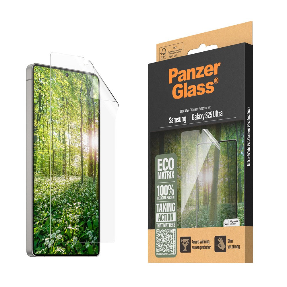 Samsung Galaxy S25 Ultra PanzerGlass Eco Matrix Skärmskydd Ultra Wide Fit - Aligner Kit - Platinum Strength - Genomskinlig
