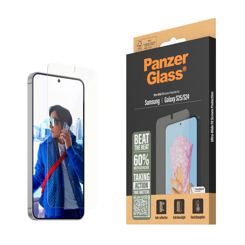 Samsung Galaxy S25 PanzerGlass Ultra Wide Fit All-in-One Skärmskydd - Anti-Reflective - Anti-Blue Light - Heat Dissaption - Genomskinlig