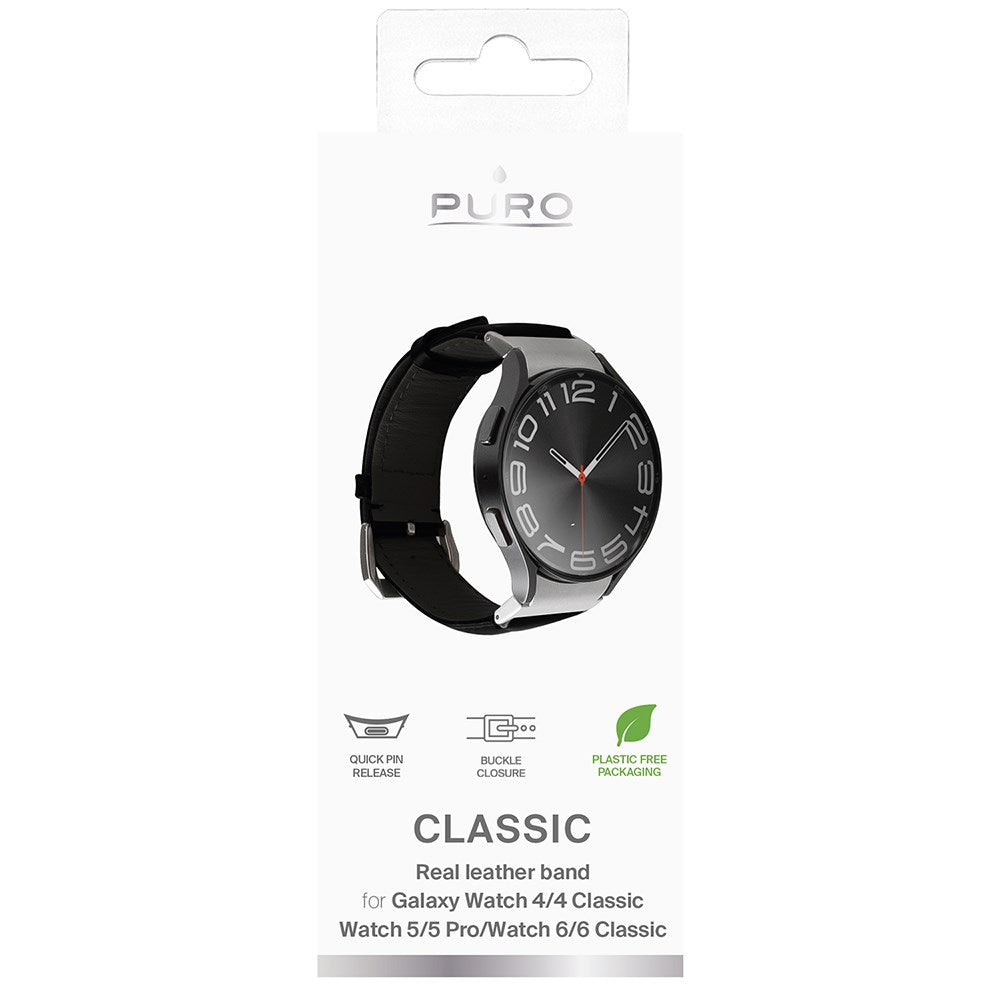 Samsung Galaxy Watch (4/4 Classic/5/5 Pro/6/6 Classic/7) PURO CLASSIC Äkta Läder Rem - Svart