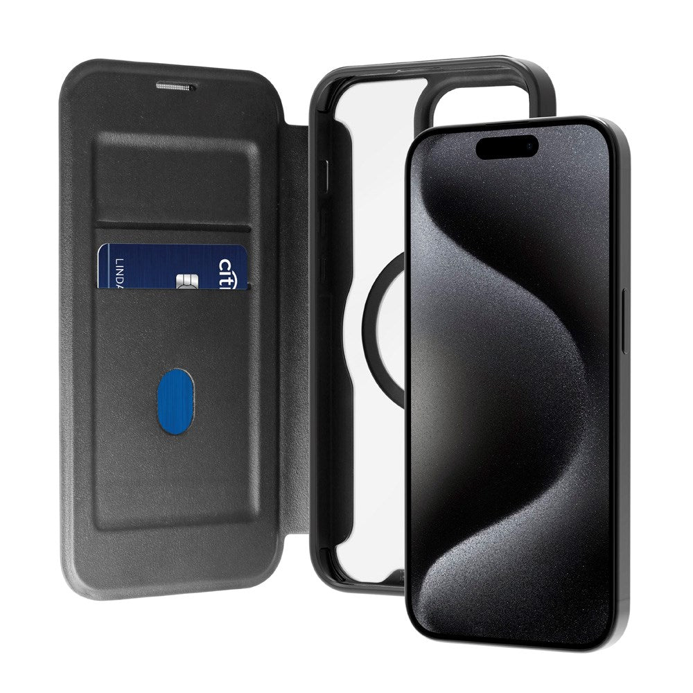 Puro Booklet Case Magsafe för iPhone 15 - Horisontell Flip + 2 Kortfack - Svart