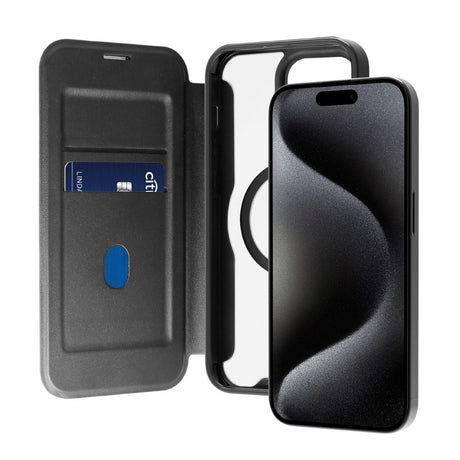 Puro Booklet Case Magsafe för iPhone 15 Pro - Horisontell Flip + 2 Kortfack - Svart