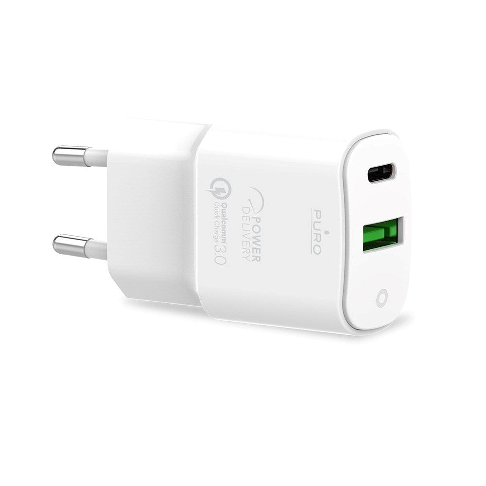 Puro PD 20W Mini Resa Väggladdare med USB-C och USB-A - Vit