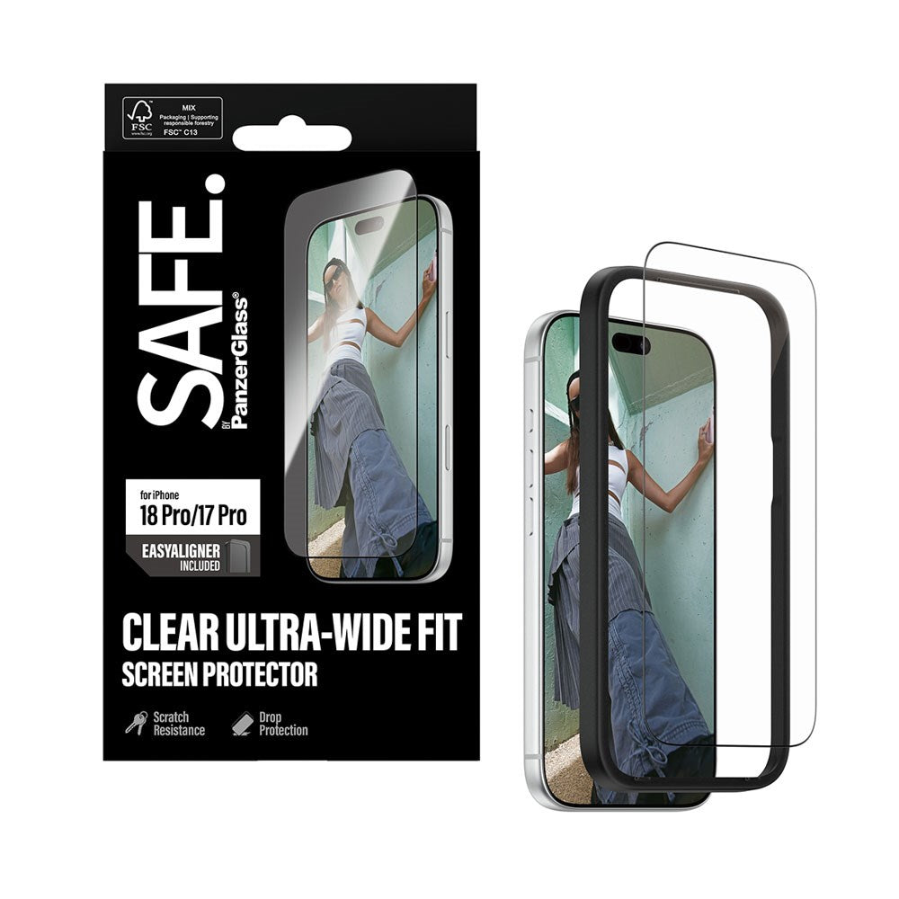 iPhone 18 Pro / 17 Pro SAFE by PanzerGlass Ultra-Wide Fit Skärmskyddsglas med EasyAligner - Genomskinlig