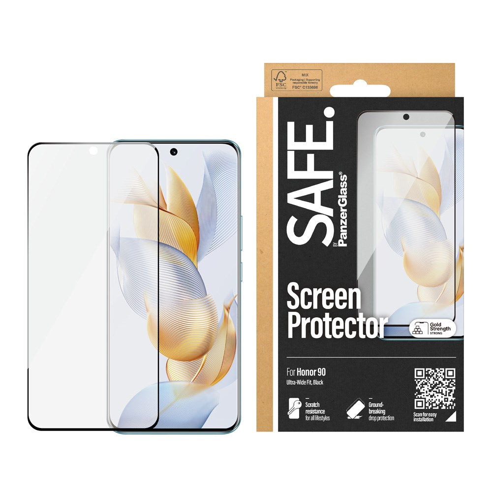 Honor 90 Safe By PanzerGlass® Ultra-Wide Fit Skärmskydd - Case Friendly - Gold Strength - Genomskinlig / Svart Kant