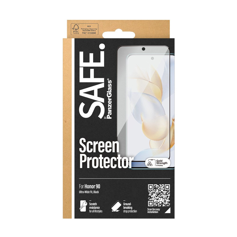 Honor 90 Safe By PanzerGlass® Ultra-Wide Fit Skärmskydd - Case Friendly - Gold Strength - Genomskinlig / Svart Kant