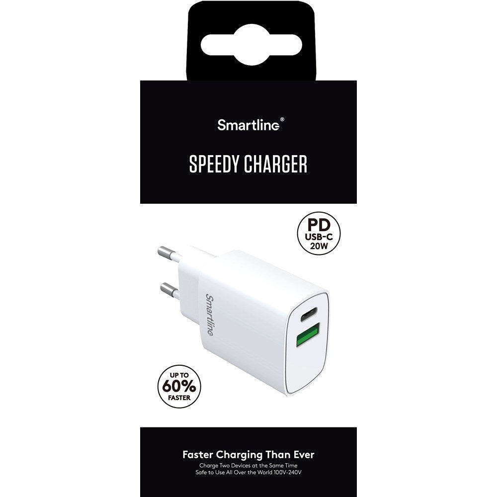 Smartline PD 20W Väggladdare m. 1 x USB-A & 1 x USB-C - Vit