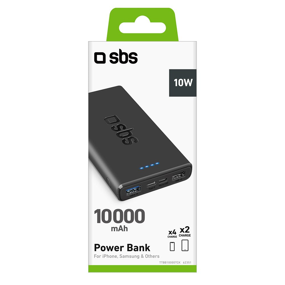 SBS Powerbank med 2x USB-A & 1x USB-C 10W - 10.000 mAh - Svart