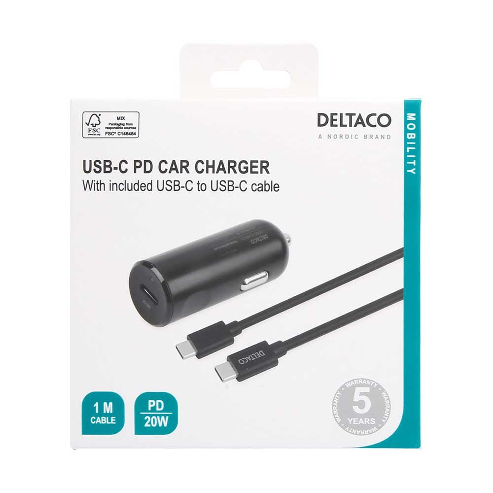 Deltaco Billaddare PD (Power Delivery) 20W inkl. USB-C-kabel - Svart