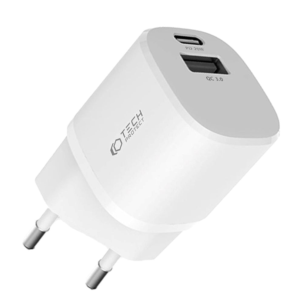 Tech-Protect Network 20W Väggladdare med 1 x USB-A QC & 1 x USB-C PD - Vit