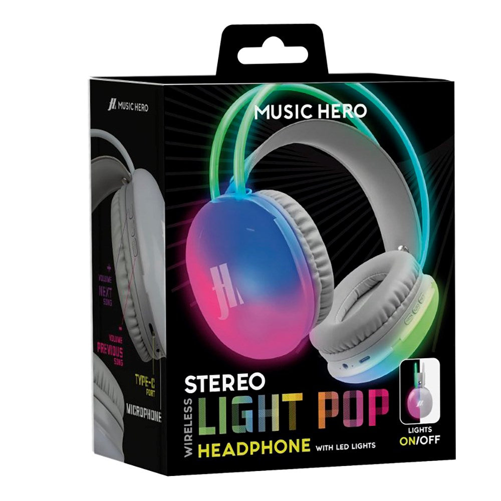 MUSIC HERO Light Pop Trådlösa Bluetooth On-Ear Hörlurar med LED Ljus - Grå